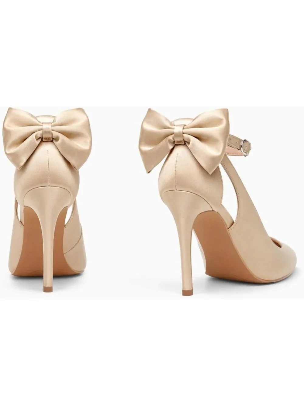 Women's Satin Gold Pointed Toe High Heels Ankle Strap Sexy Bowtie Back Sandals